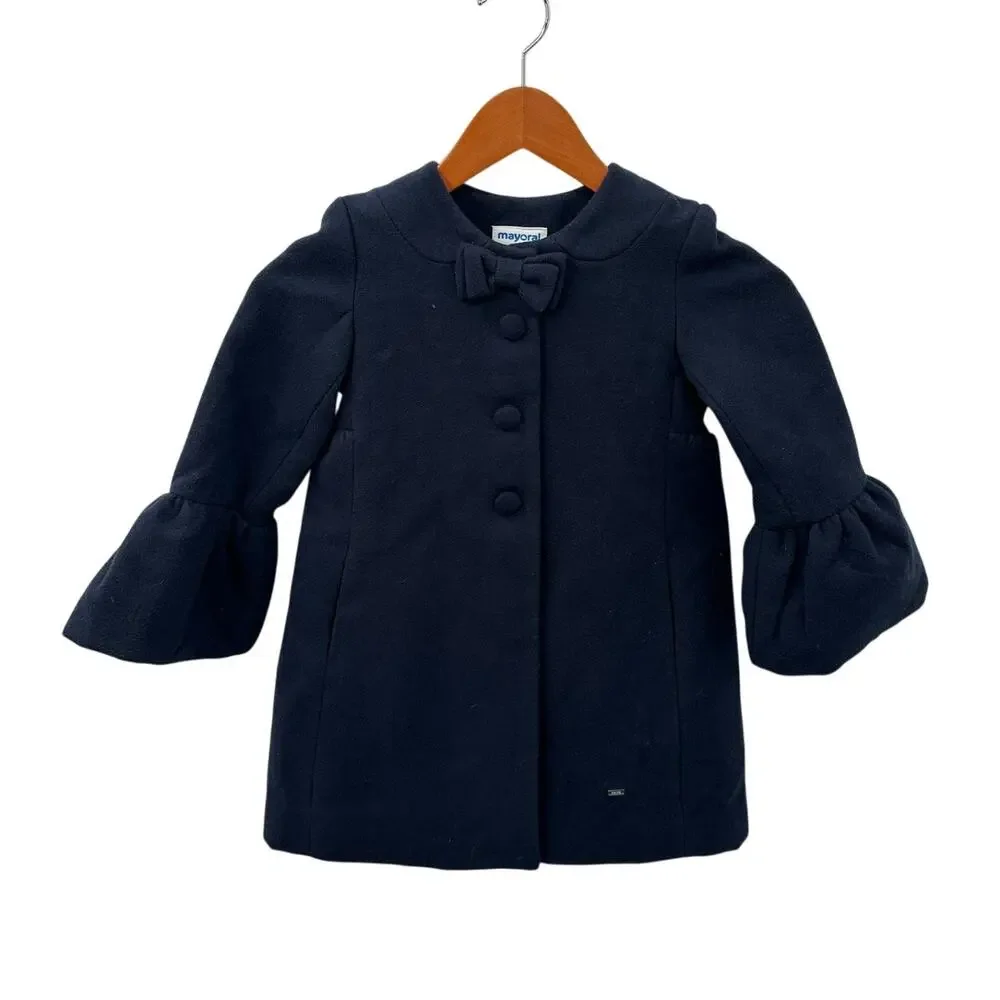 MAYORAL Girl's Navy Bell Sleeve Bow Detail Pea Coat // 6